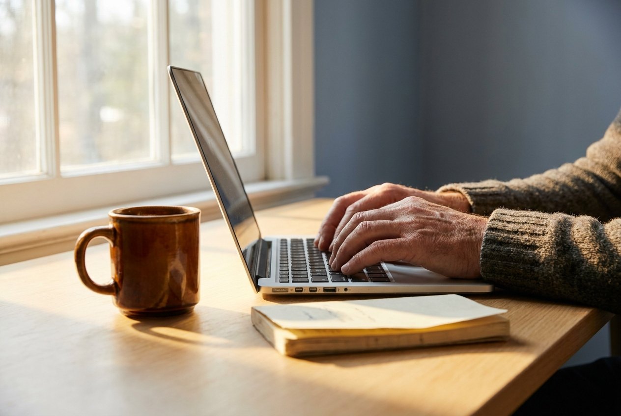 Hands typing on a laptop at a bright desk in warm light