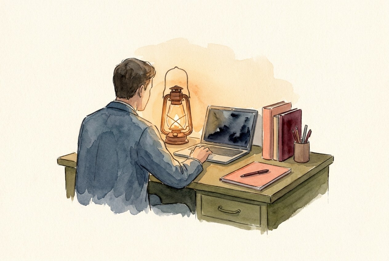 A watercolor of an engineer building at a laptop by the light of a lantern on the desk