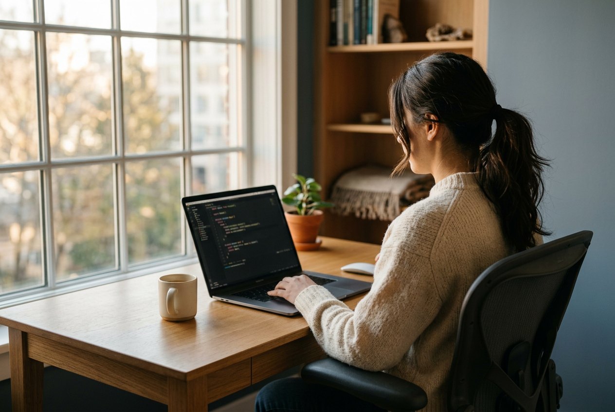 An engineer working at a bright desk in warm morning light